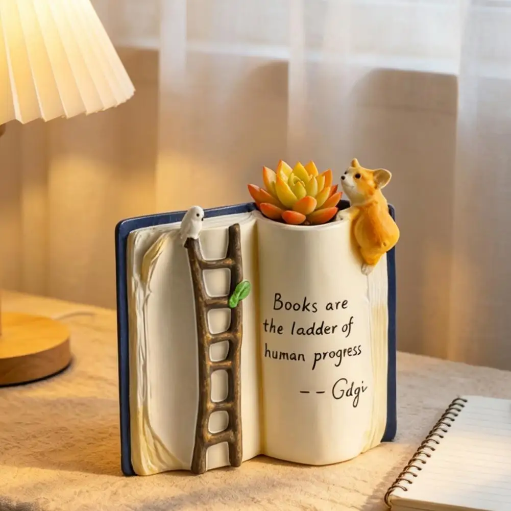 Unique Desk Ornament Book Shaped Flower Pot with Ladder Puppy Bird Design Planter Decorative Desk Windowsill Ornament Book Shape