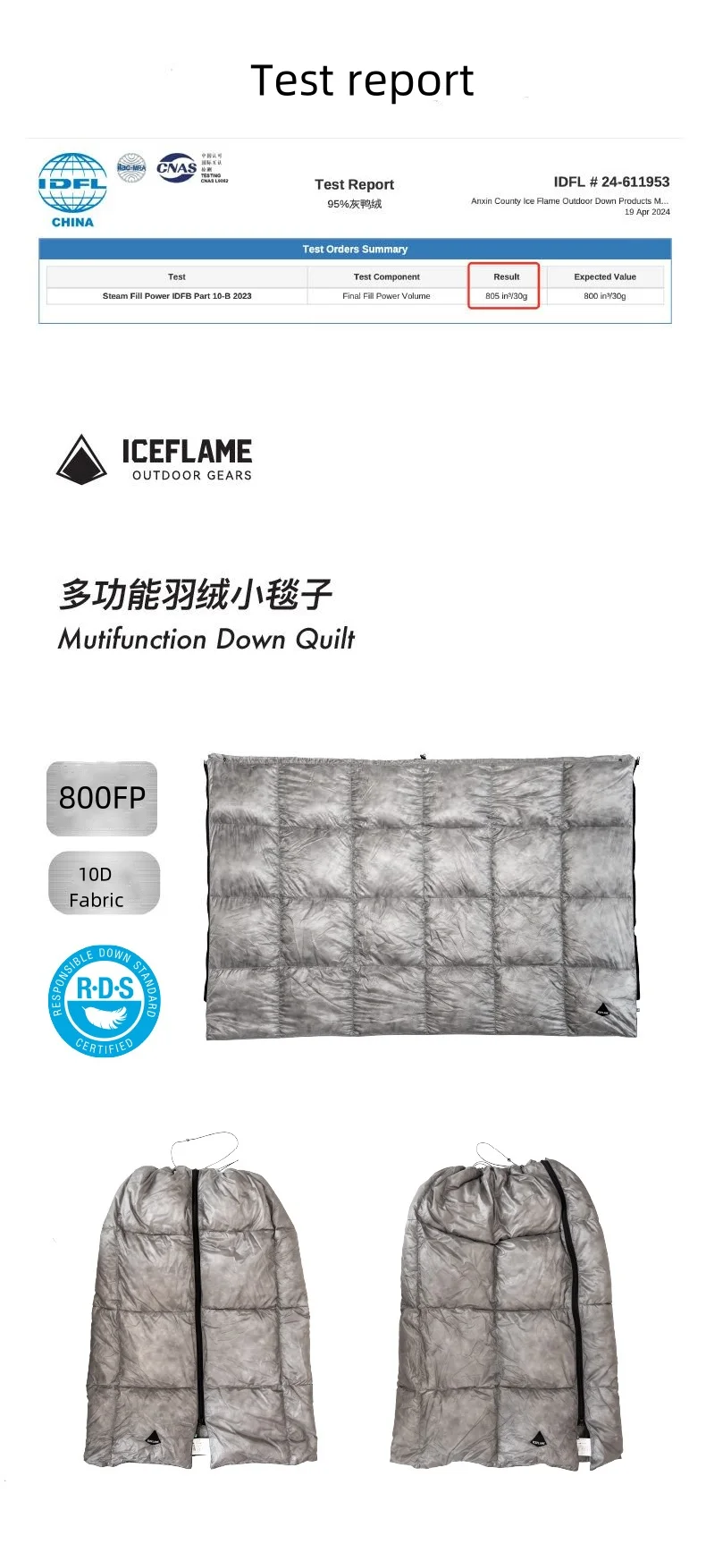 Eis Flamme Unten Rock Outdoor Camping Mutifunction Unten Quilt Tragbare Schlafsack Zubehör 800FP Thermische Quilt – Detail 1