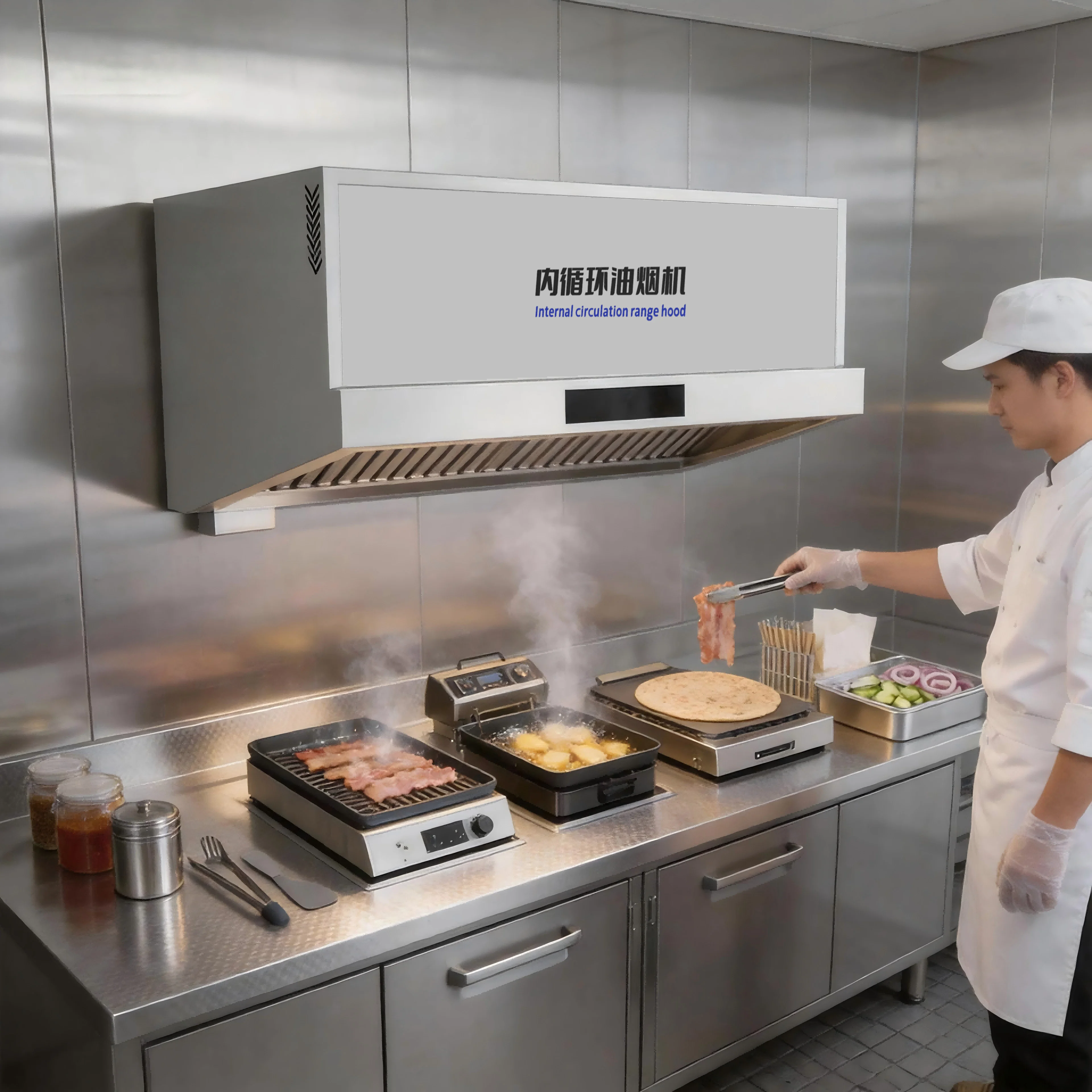 Commercial kitchens are wall-mounted stainless steel units without ventilation systems, suitable for shopping malls