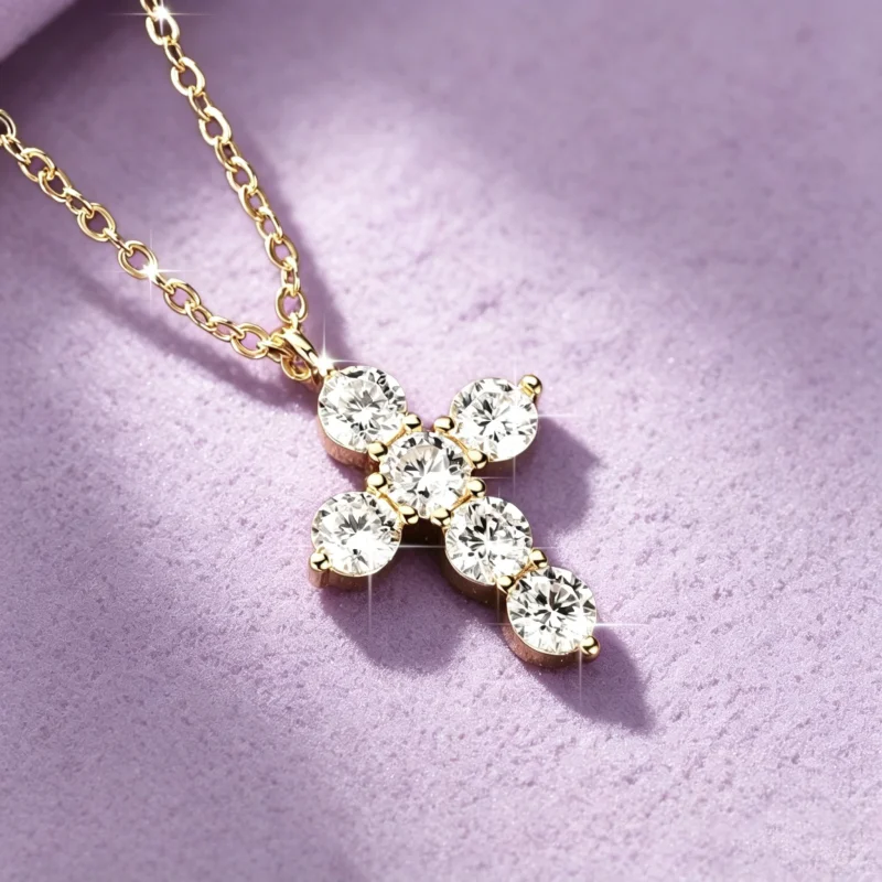 IOGOU-zertifizierte 3,5 mm runde D-Moissanit-Kreuz-Anhänger-Halskette für Damen und Herren, 14 Karat Gold gefüllt, verstellbare Kette, Schmuck, Geschenk – Detail 3
