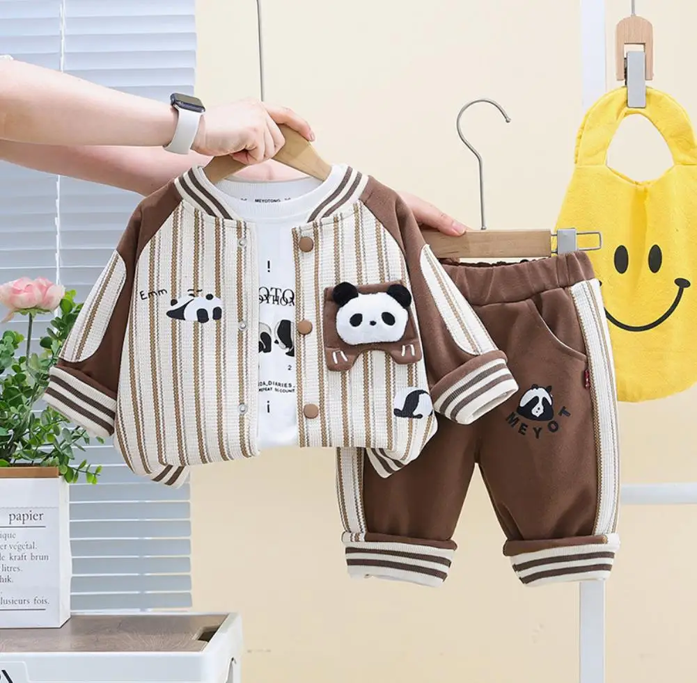 Boys Christmas Outfits 6 To 9 Months Korean Fashion Baby Sets Cartoon Vertical Strip Jackets+T-shirts+Pants Toddler Boy Clothes