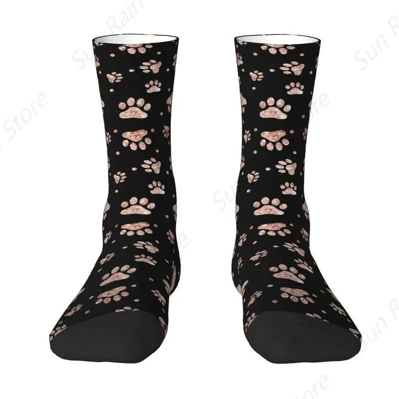 Funny Print Glitter Rose Gold Dog Paw Socks for Men Women Stretch Summer Autumn Winter Crew Socks