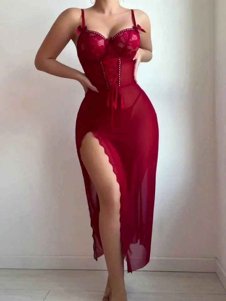 

Sexy Lace Pajamas Transparent Mesh Lingerie Set Long Skirt V-Neck Strap Home Clothes Summer Collection for Teen Girls