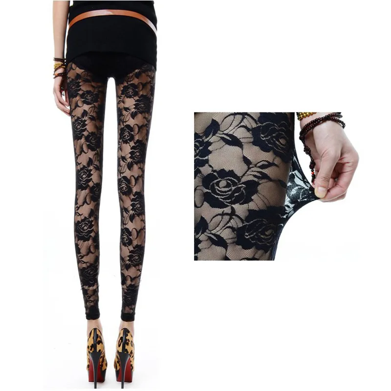 Rose Lace Elegant Through Leggings Pants Footless Black Women Summer Skinny Nine Pants  Sexy Leggins Ropa De Mujer