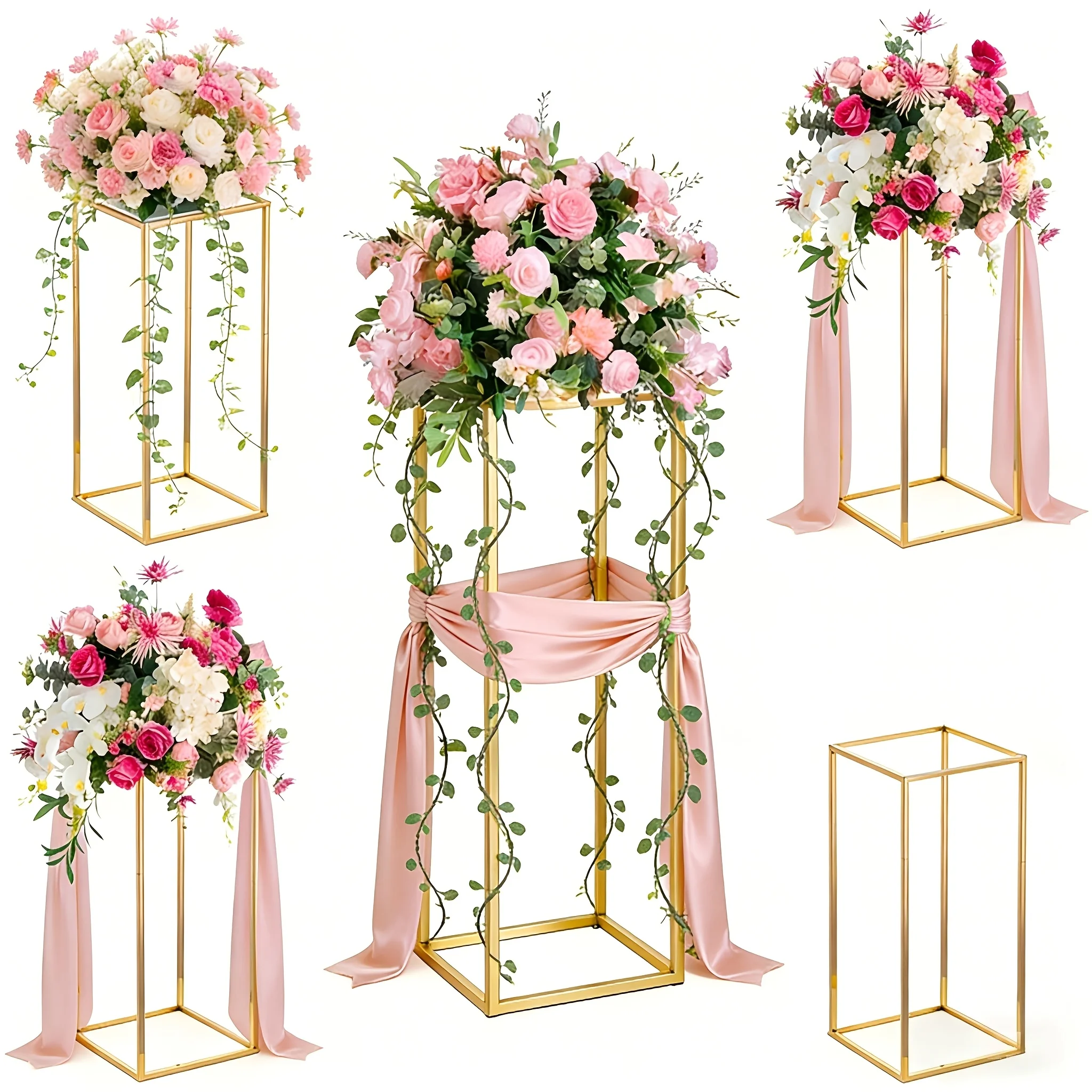 

Set Of 5 Metal Flower Stands, Each 23.6 Inches Tall, Featuring A Golden Rectangular Design for Floral Displays. Ideal for Geometric Centerpieces At Events, Receptions, Wedding, And Parties
