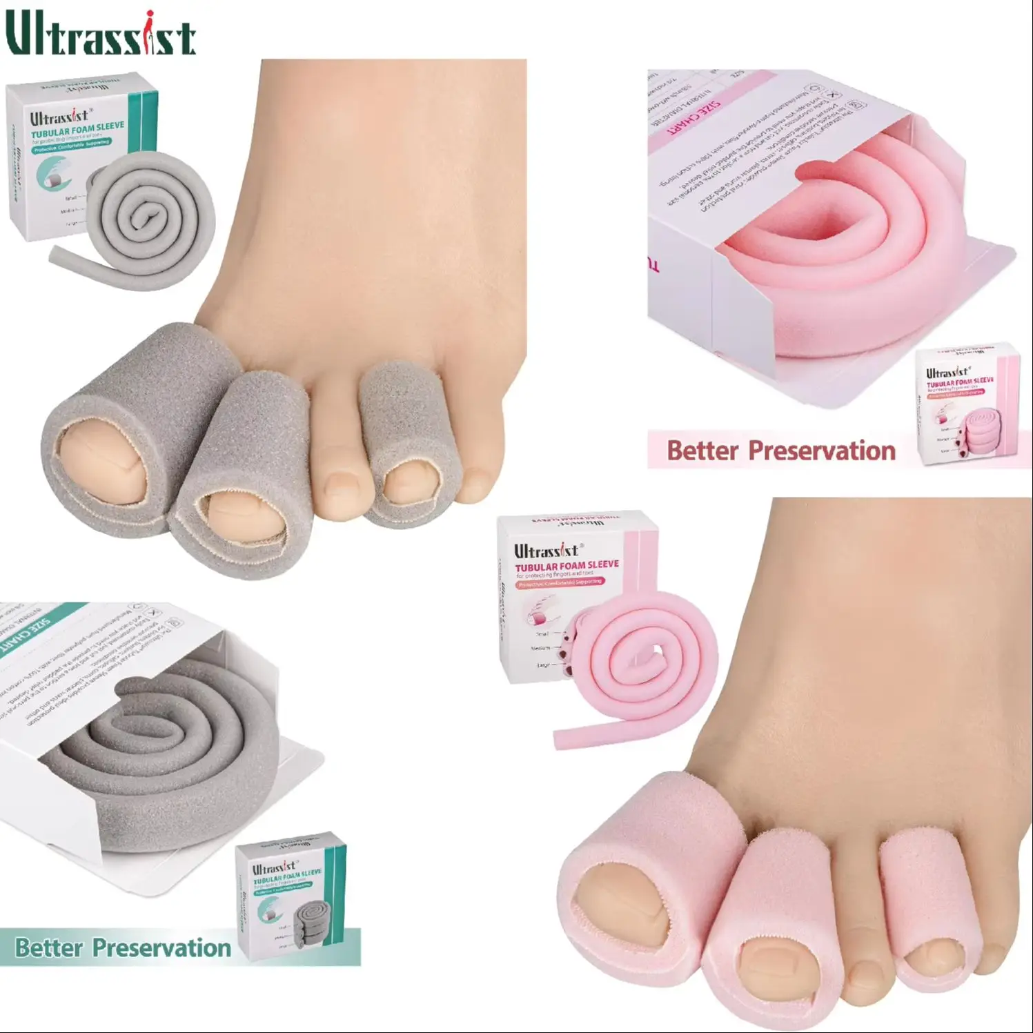 

Ultrassist Toe Sleeve Sponge Toe Protector for male female Blisters Bunions Corns Foot Care Overlap Multiple Sizes Tube Roll 36"