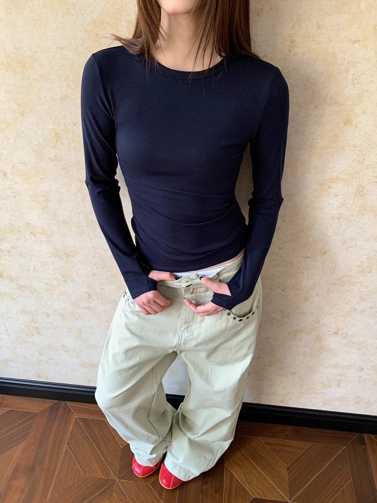 

Женская приталенная футболка с длинным рукавом и круглым вырезом, базовая модель, повседневная одежда в американском стиле для девушек