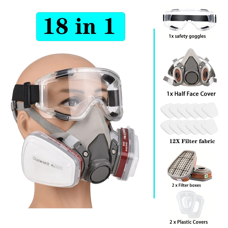 Máscaras de gas de media cara con gafas de seguridad, protección respiratoria profesional reutilizable, polvo, productos químicos, pesticidas y o