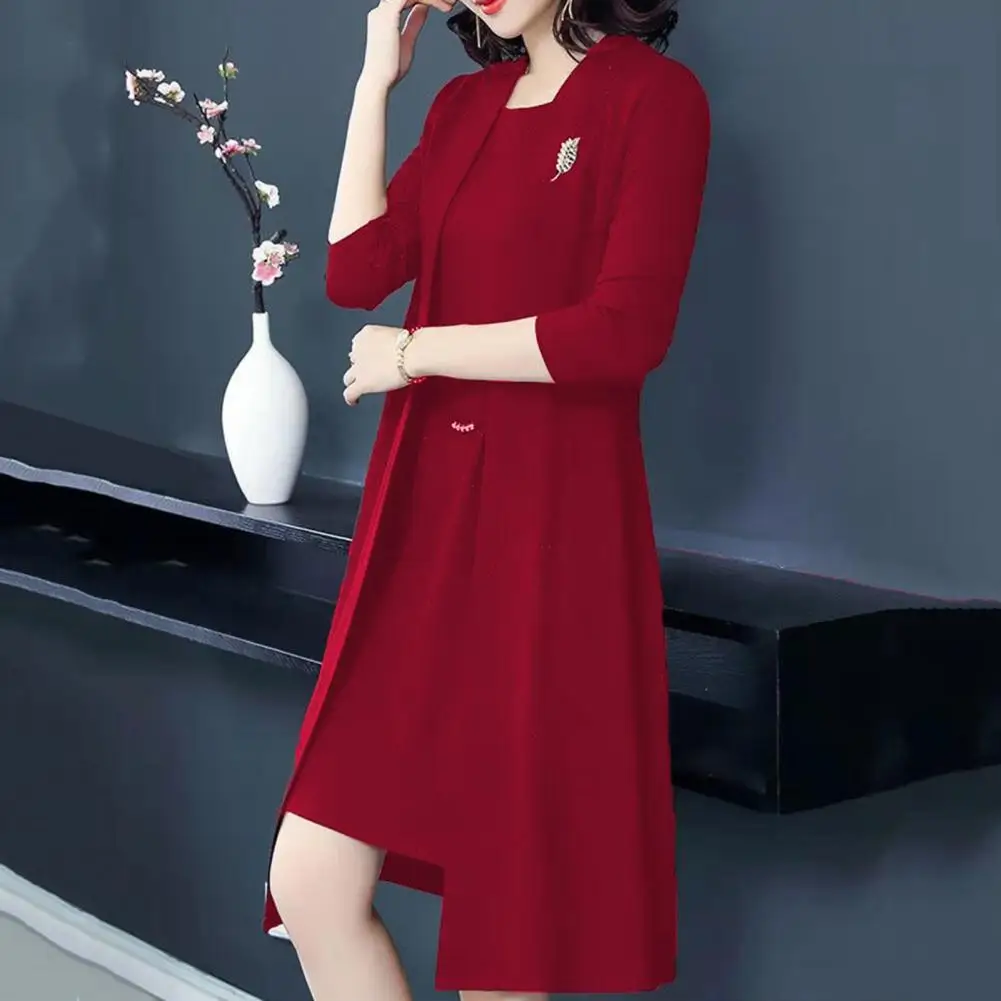 2 Pcs/Set Women Coat Dress Suit Long Sleeves Mid Length Solid Color Jacket Sleeveless Round Neck A-line Midi Dress Plus Size For