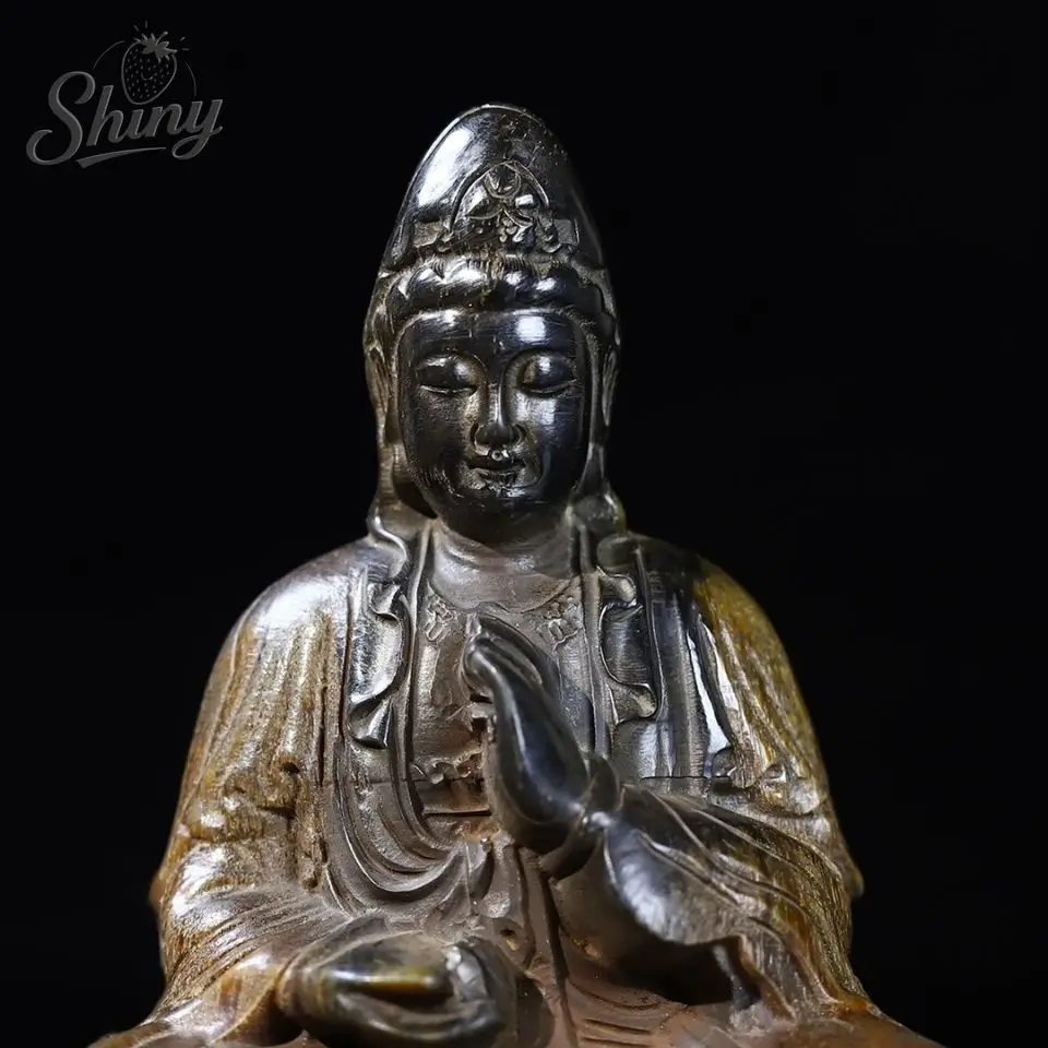 Antique Ox Horn Carved Guanyin Buddha Statue Home Worship Ornamental Decorative Art Craft Gift