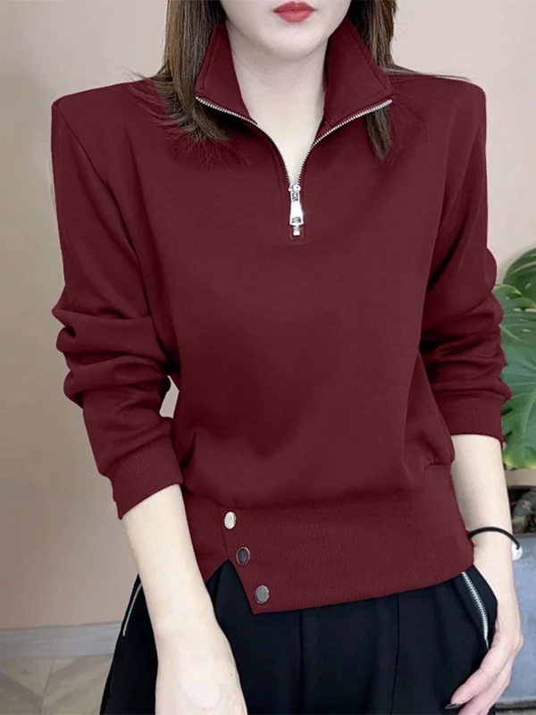 

Утепленная женская толстовка большого размера с длинным рукавом и воротником-стойкой, модная, теплая, осенне-зимняя, новая модель, универсальный топ, стройнящий силуэт