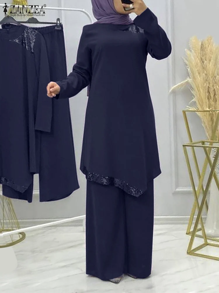 ZANZEA-conjunto musulmán de ramadán de Turquía para mujer, Blusa de manga larga con empalme de cuentas, pantalón de pierna ancha, traje elegante