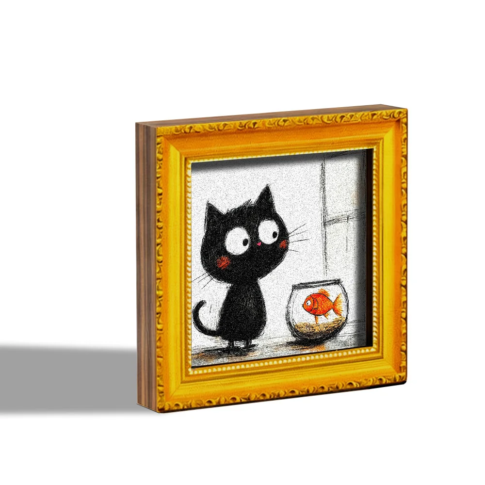 1pcs Curious Black Cat & Goldfish Wooden Fridge Magnet Mini Decor Plaque Home Office Kitchen Holiday Gift, Full Magnetic Back