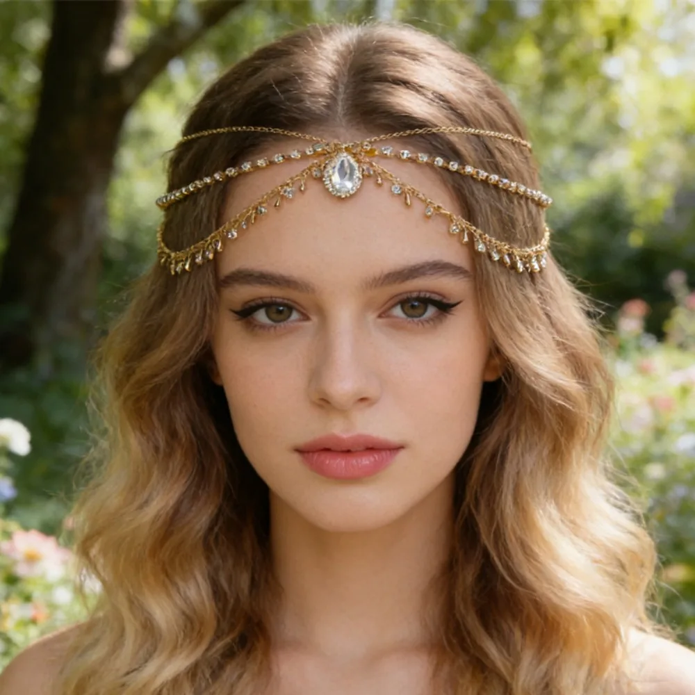 Korean Style Bohemian Forehead Headpiece Fairy Boho Rhinestone Forehead Chain Elegant Shining Forehead Ornament