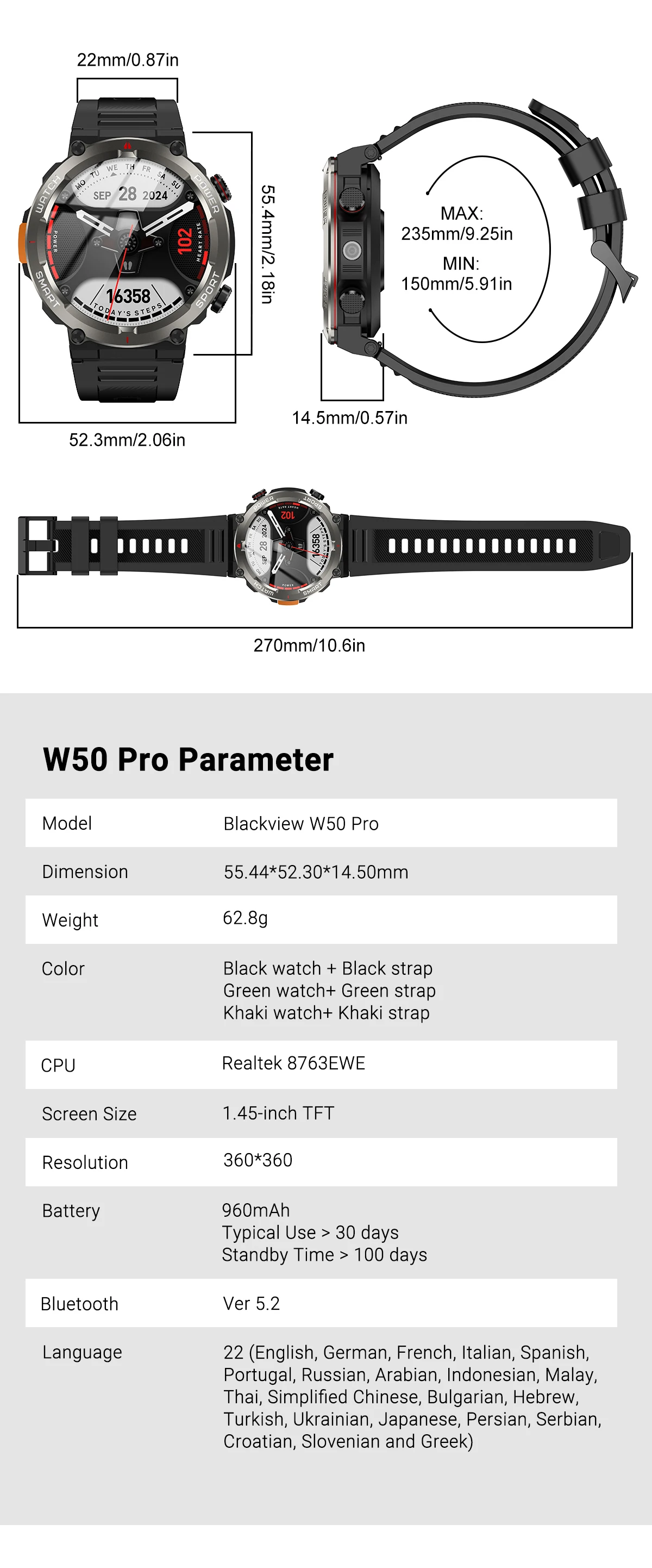 ساعة ذكية XDZ W50PRO، 1.45 بوصة، دقة 360*360، بطارية بلوتوث 5.3، 960 مللي أمبير في الساعة، مقاومة للماء IP68