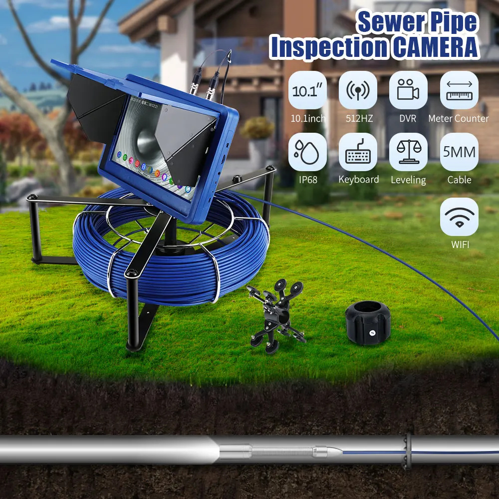 10 Inch IPS 7mm 50M Cable Pipe Inspection Ip68 23mm 1080P Camera Drain Sewer Pipeline Endoscope With Self-Leveling 512HZ Locator