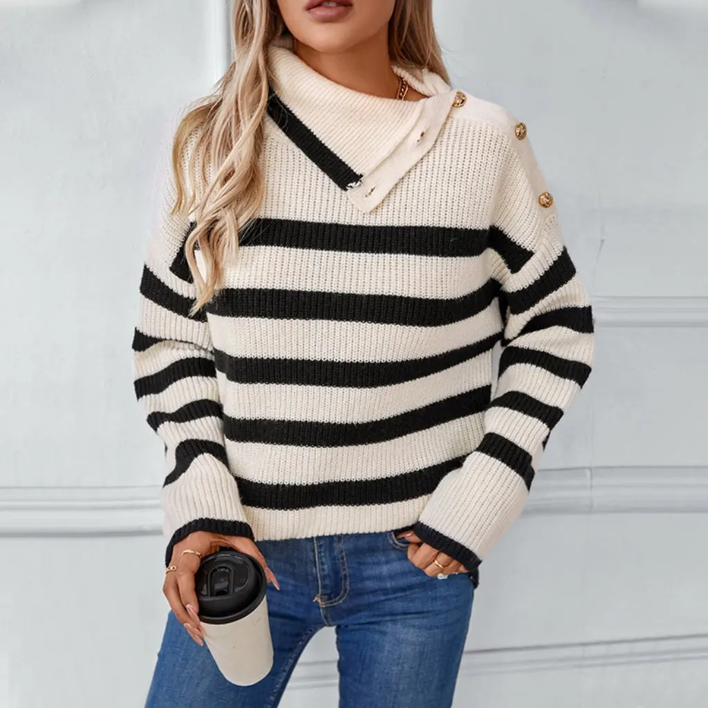 

Women's Drizzle Striped Lapel Pullover Knitwear Casual Button Sweater European American Style Autumn Winter New