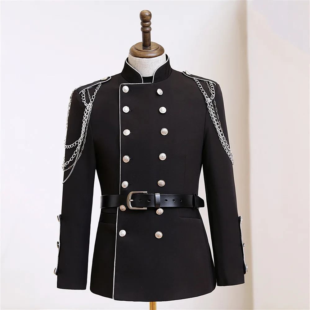 

Men's Black Metal Chains Epaulet Blazer Jacket Military Uniform Stand Collar Court Coat Singer Nightclub Party Rock Stage Tuxedo