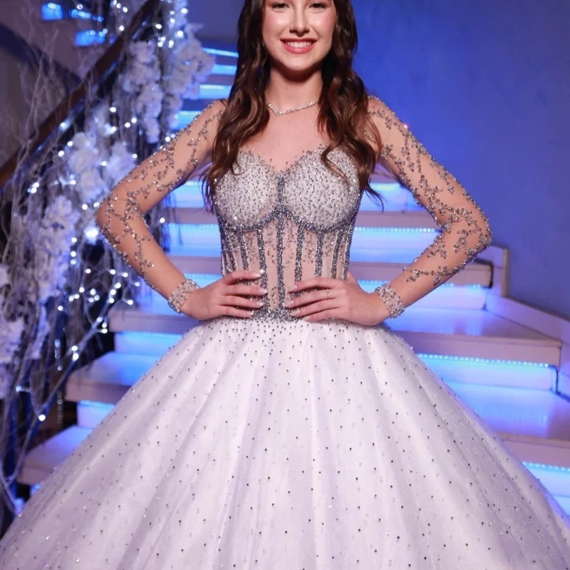 

Блестящее платье Quinceanera цвета слоновой кости по индивидуальному заказу, кружевное тюлевое платье с блестками и кристаллами, с длинным хвостом, платья de 15, Quinceanera