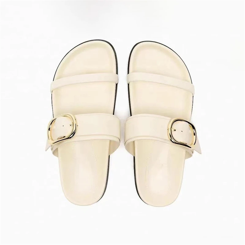 TRAF White Flatform Slippers For Woman Leisure Metal Buckle Straps Upper Thick Sole Flat Sandals Women Round Head Open Toe Shoes