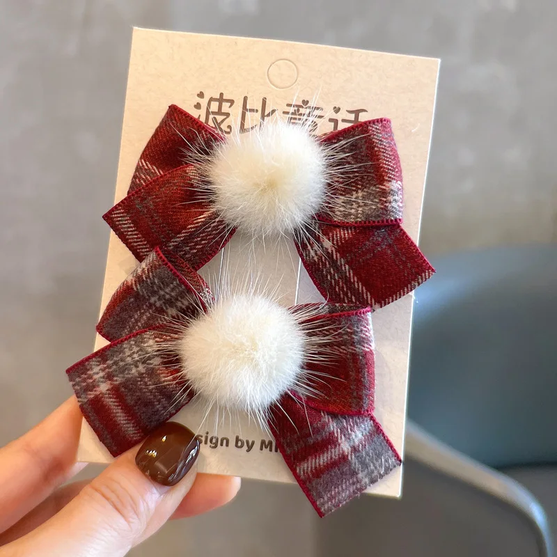 Vintage Red Plaid Fabric Plush Ball Bow Hair Clips Hair Ties with Long Streamer Sweet Hair Accessories for Kids Girl Daily Party