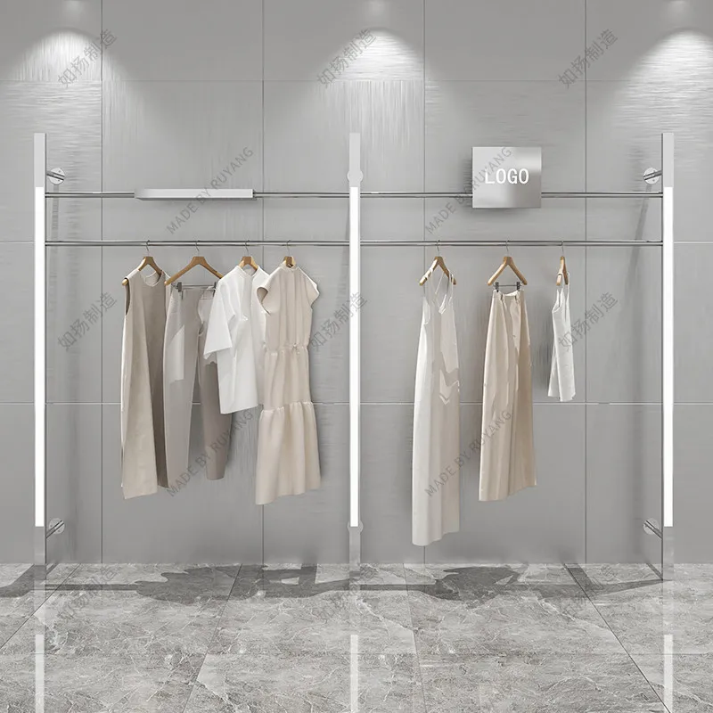 Stainless steel clothing store display racks, wall-mounted wall-mounted clothes racks with lights, displayracks against the wall