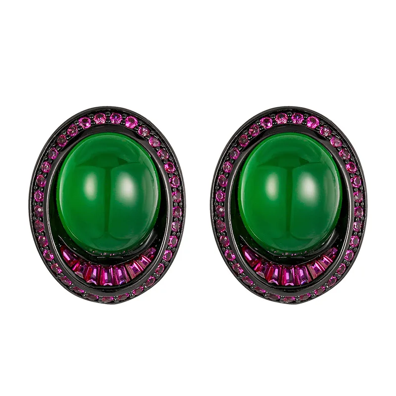 Vintage Luxury Oval Star Sapphire Earrings Green Red Blue Gemstone with Pink CZ Statement Jewelry for Women Party Wedding Gift