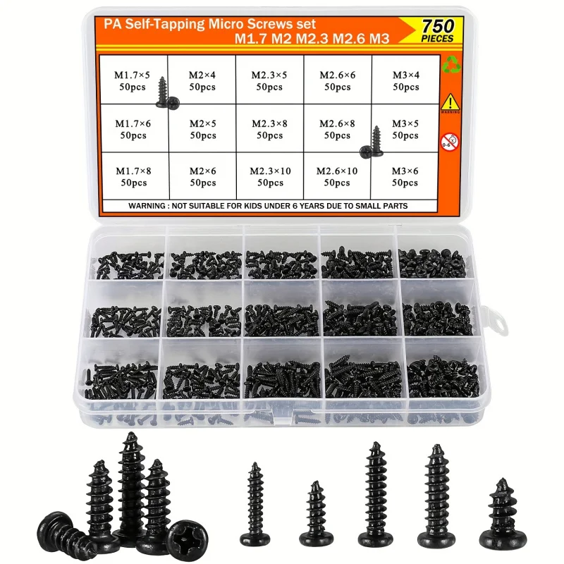 

750Pcs M1.7 M2 M2.3 M2.6 M3 Micro Self-Tapping Screws, Phillips Pan Head for Laptop Repair, Electronics, Wood, Carbon Steel