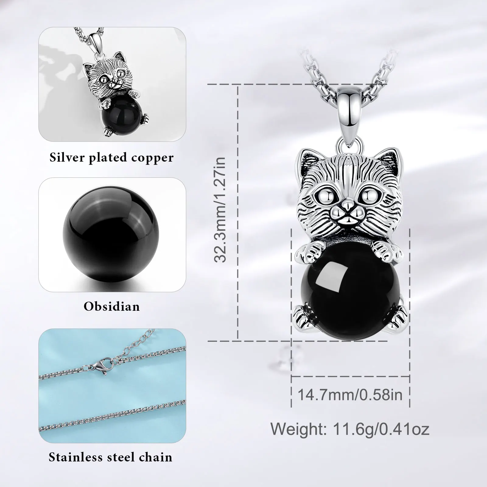 Eudora Cute Cat Obsidian Necklace Energy Natural Healing Stone Crystal Pendant Spiritual Jewelry Meditation Gift for Women Man