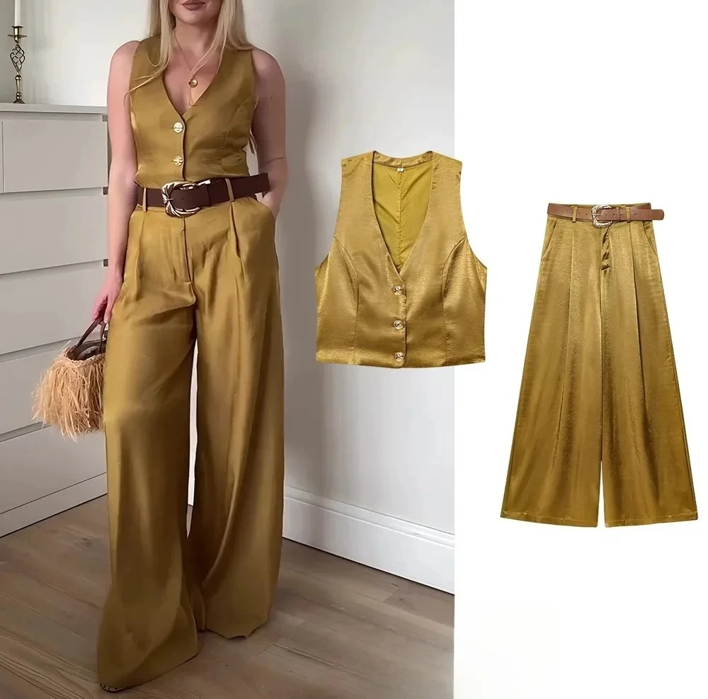 

Casual Chic Yellow Satin Women Suits V Neck Buttons Vest High Waist Wide Leg Pants Fashion Summer Holiday Suits