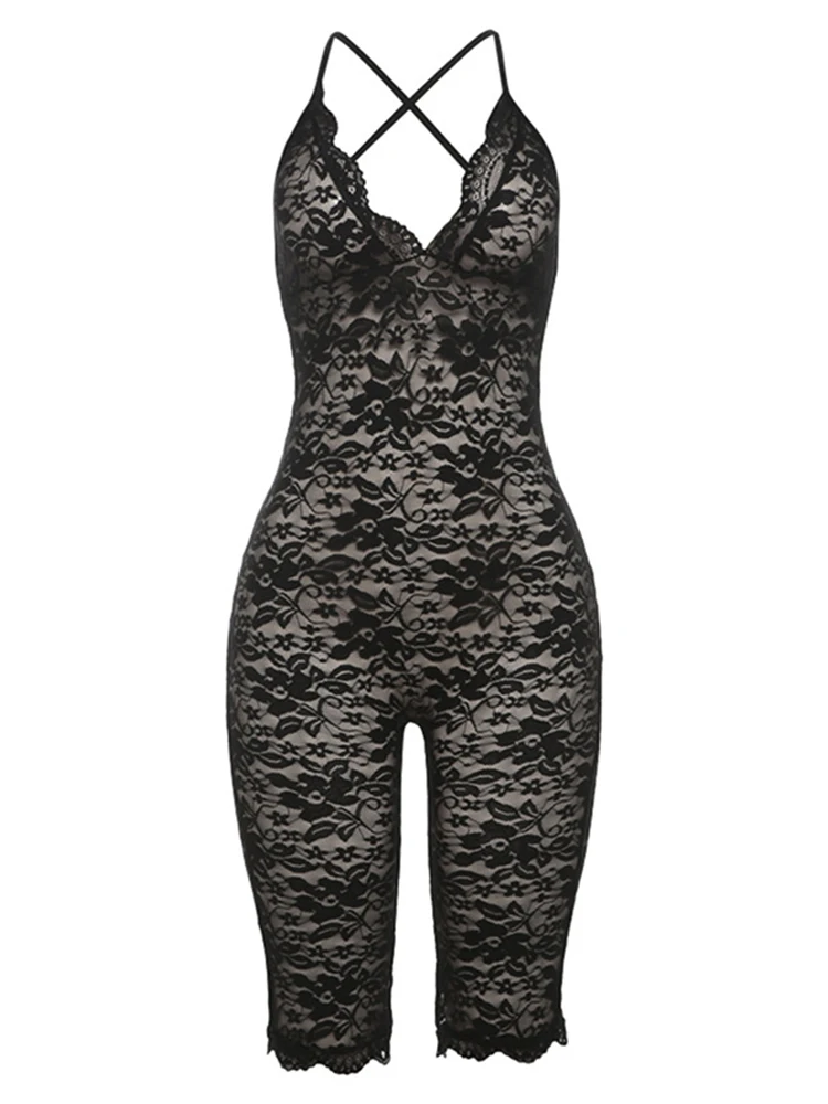 Tuta trasparente sexy in pizzo a V profondo da donna senza maniche a vita alta aderente pagliaccetto nero Y2K streetwear 2025 tuta estiva