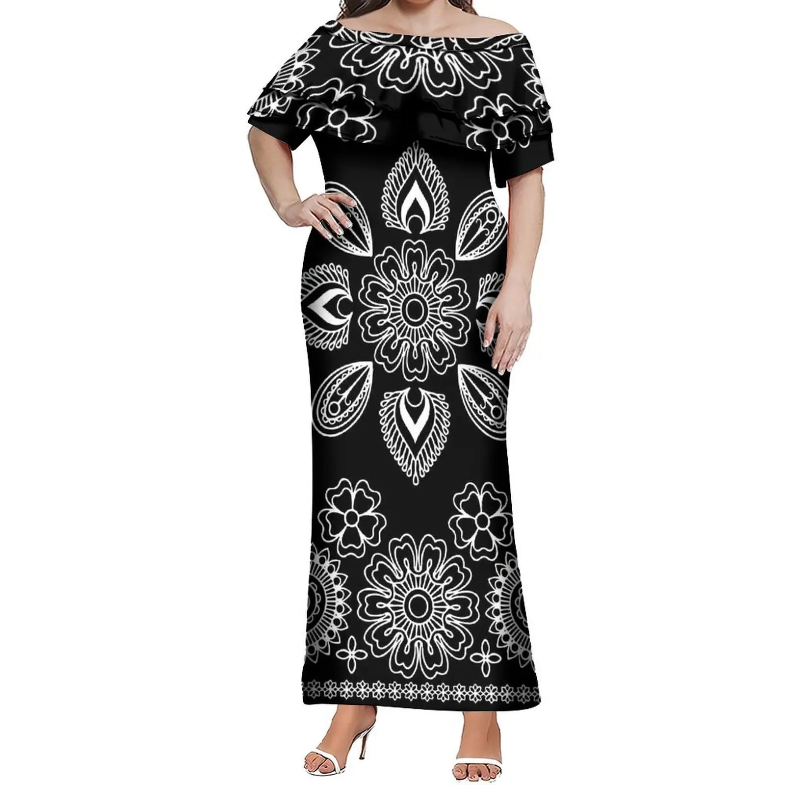 Vestido de emagrecimento de folha de lótus de camada dupla de um ombro Um vestido elegante feito sob medida com bandana retrô para mulheres