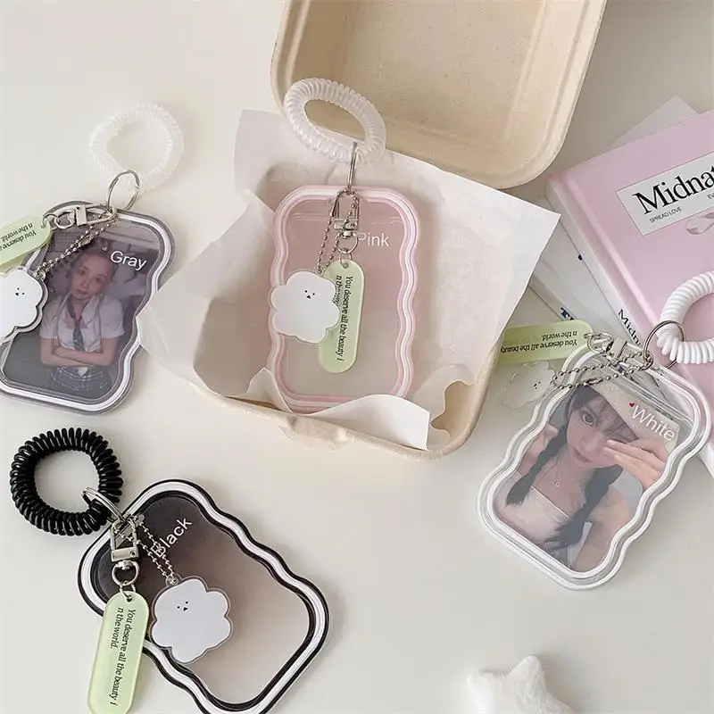 Soft Silicone Kpop Photocard Holder With  Elastic Rope Keychain Sliding Cover ID Cards Protective Case Spring Rope Bag Charm