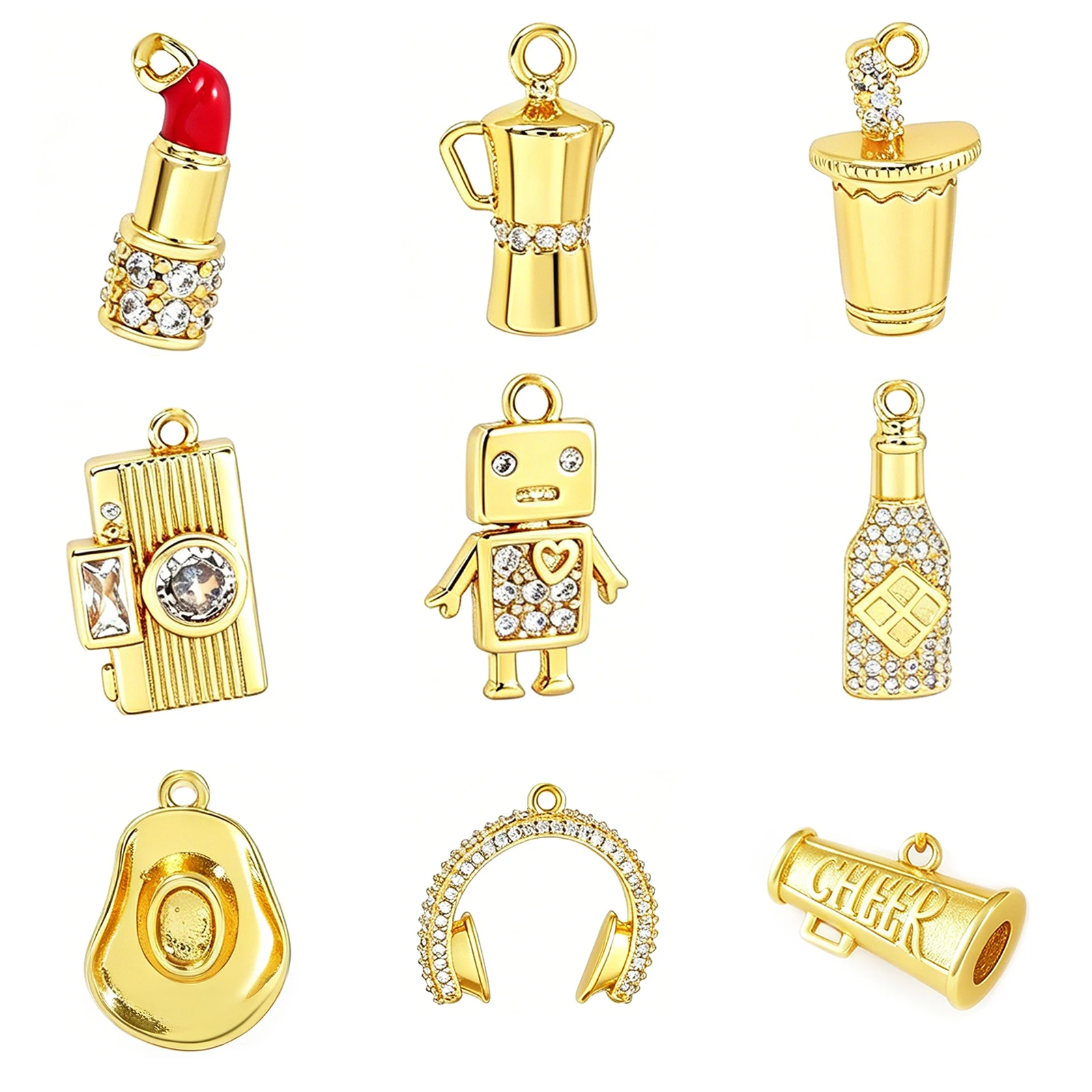 MHS.SUN 5pcs/Lot Cubic Zircon House/Camera/Bottle/Gesture Pendant Women Men Gold Plated Charm DIY Making Jewelry Accessories