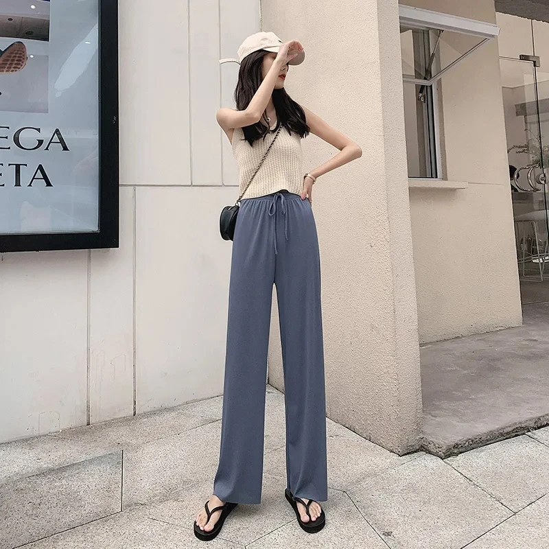 

Summer Cool Ice Silk Straight Pants Women Fashion High Waist Wide Leg Trousers Female Solid Sagging Feeling Baggy Casual Pants