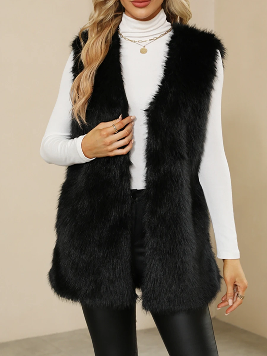 Women Winter Warm Fuzzy Long Vest Sleeveless Jacket Button Closure Solid Color Furry Vests Female Spring Outwear Punk Streetwear