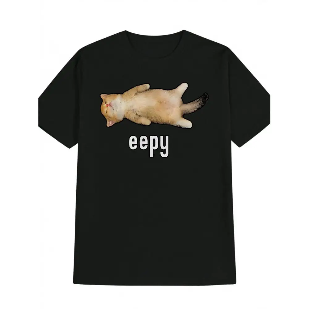 Men's Cotton T-Shirt Sleeping Cat Print Humorous Casual Round Neck Short Sleeve Summer Fashion Streetwear Gift for Men