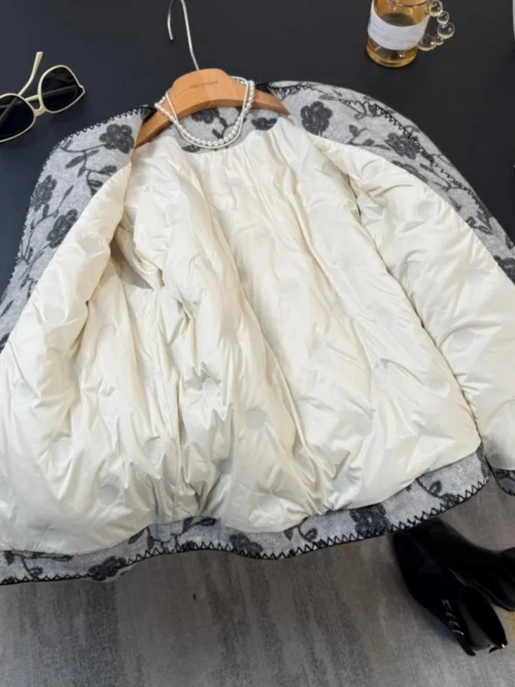 여성 아우터웨어 패션 프린트 트위드 숏 재킷 O넥 싱글 브레스티드 긴 소매 겨울 따뜻한 다운 코트 캐주얼 우아한 여성용