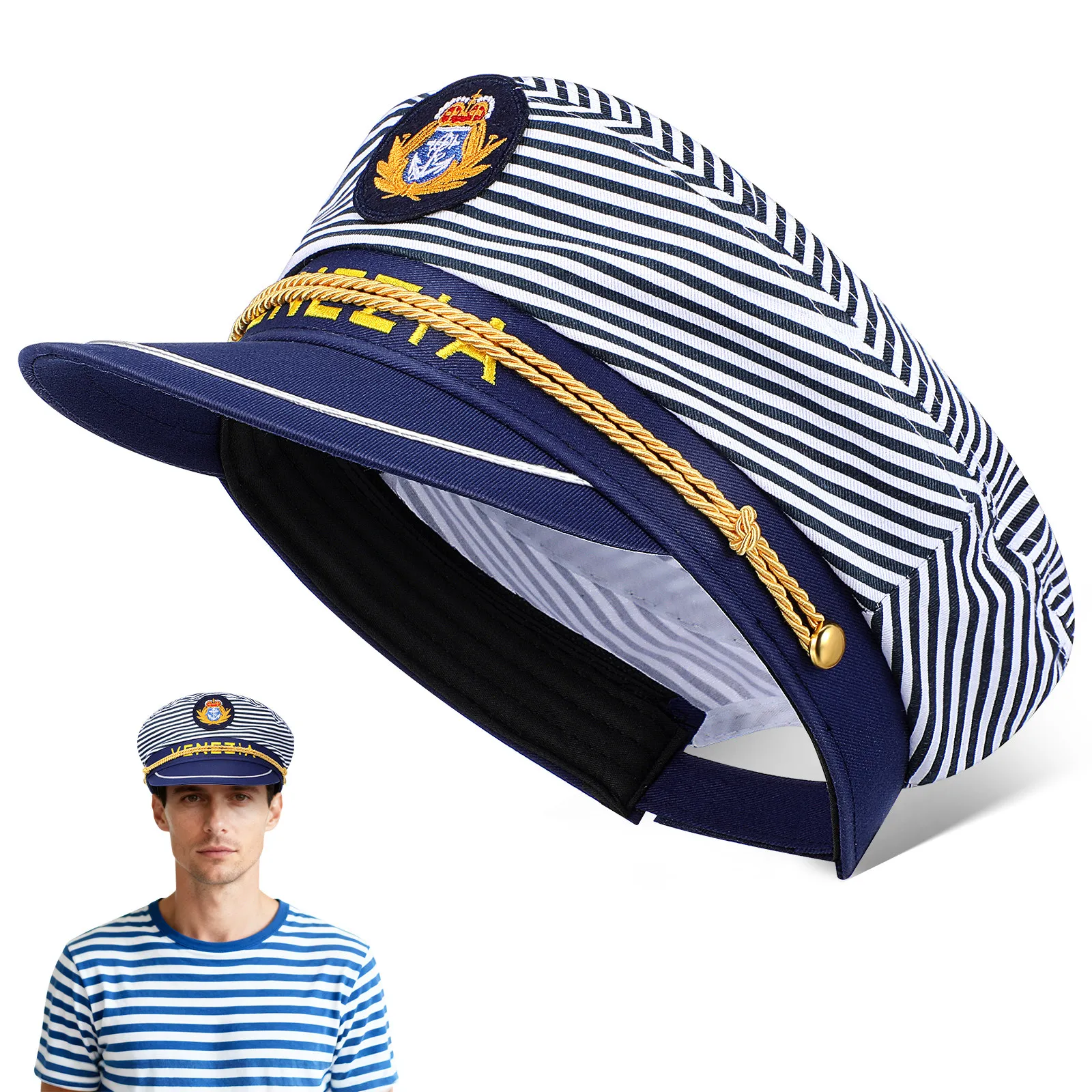 Blue Stripe Navy Captain Hat, Adjustable Sailor Hat for Adults, Lightweight Cosplay Party Gift
