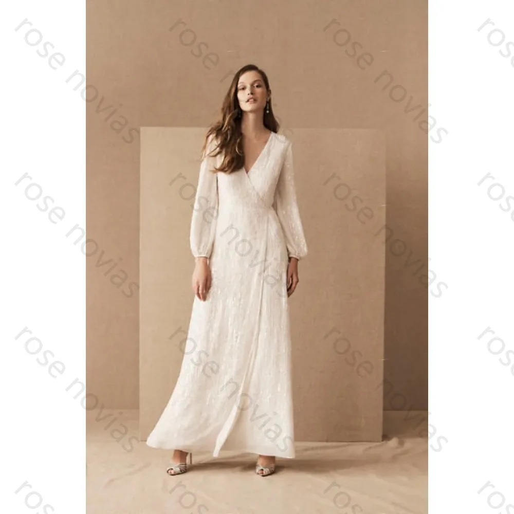 

Customized White Elegant Wedding Dresses V-Neck A-line High Quality with Lace Simple for Floor-length for Bespoke Occasion Party