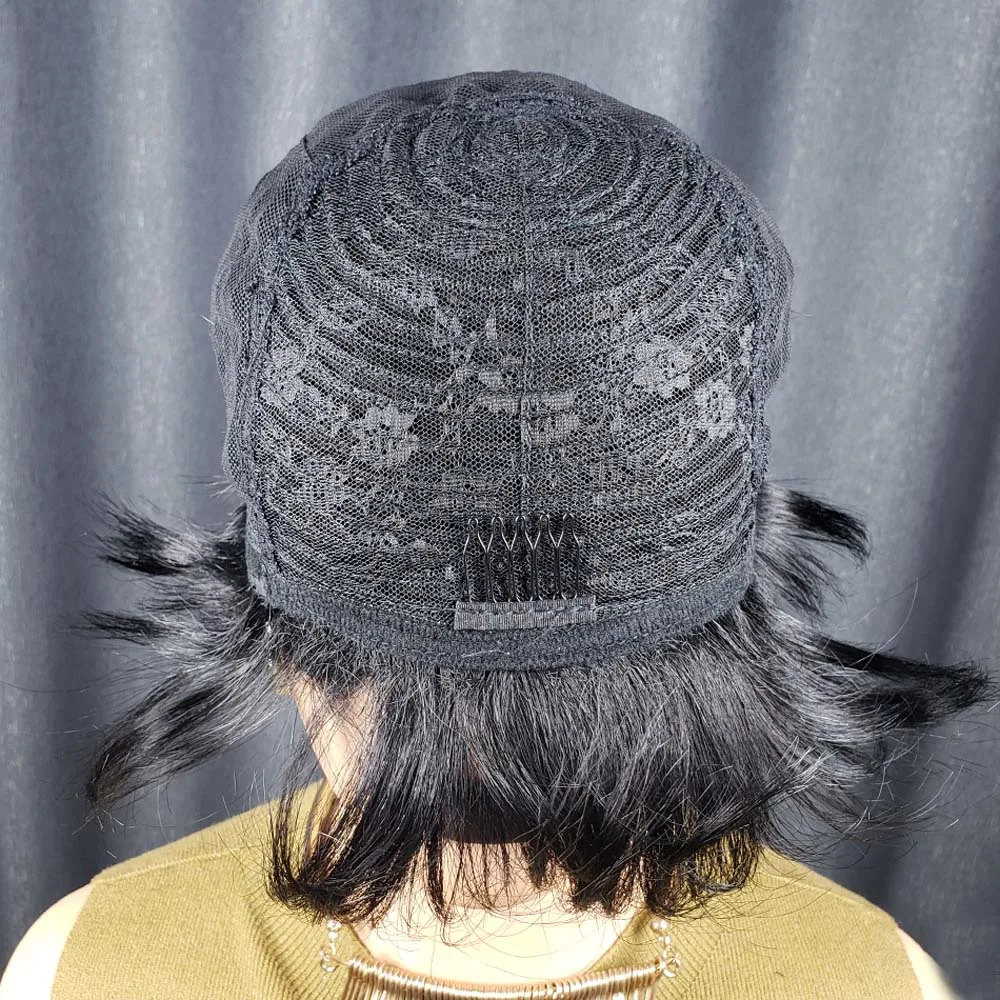 여성용 픽시컷 인모 가발, 짧은 레이어드 픽시컷 스트레이트 가발, 브라질 레미 머신메이드 가발, 내추럴 블랙 색상