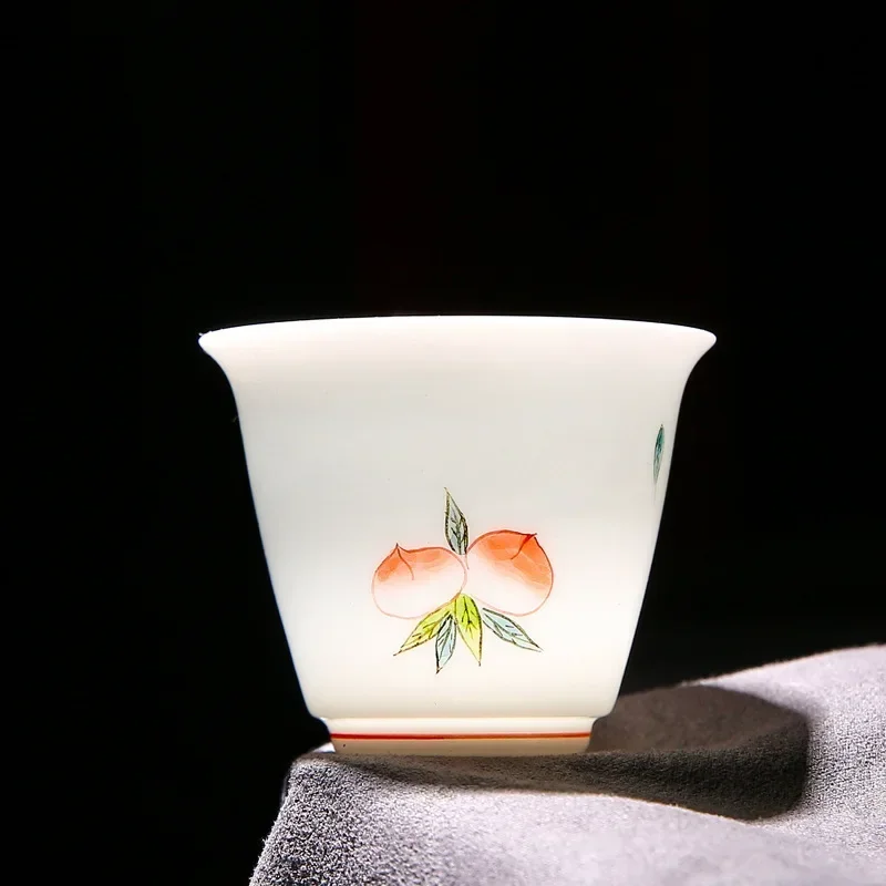 White Porcelain Hand Drawn Longevity Peach Master Cup Ceramic Tea Set Tea Tasting Cup Set Household Kung Fu Teacup Teaware