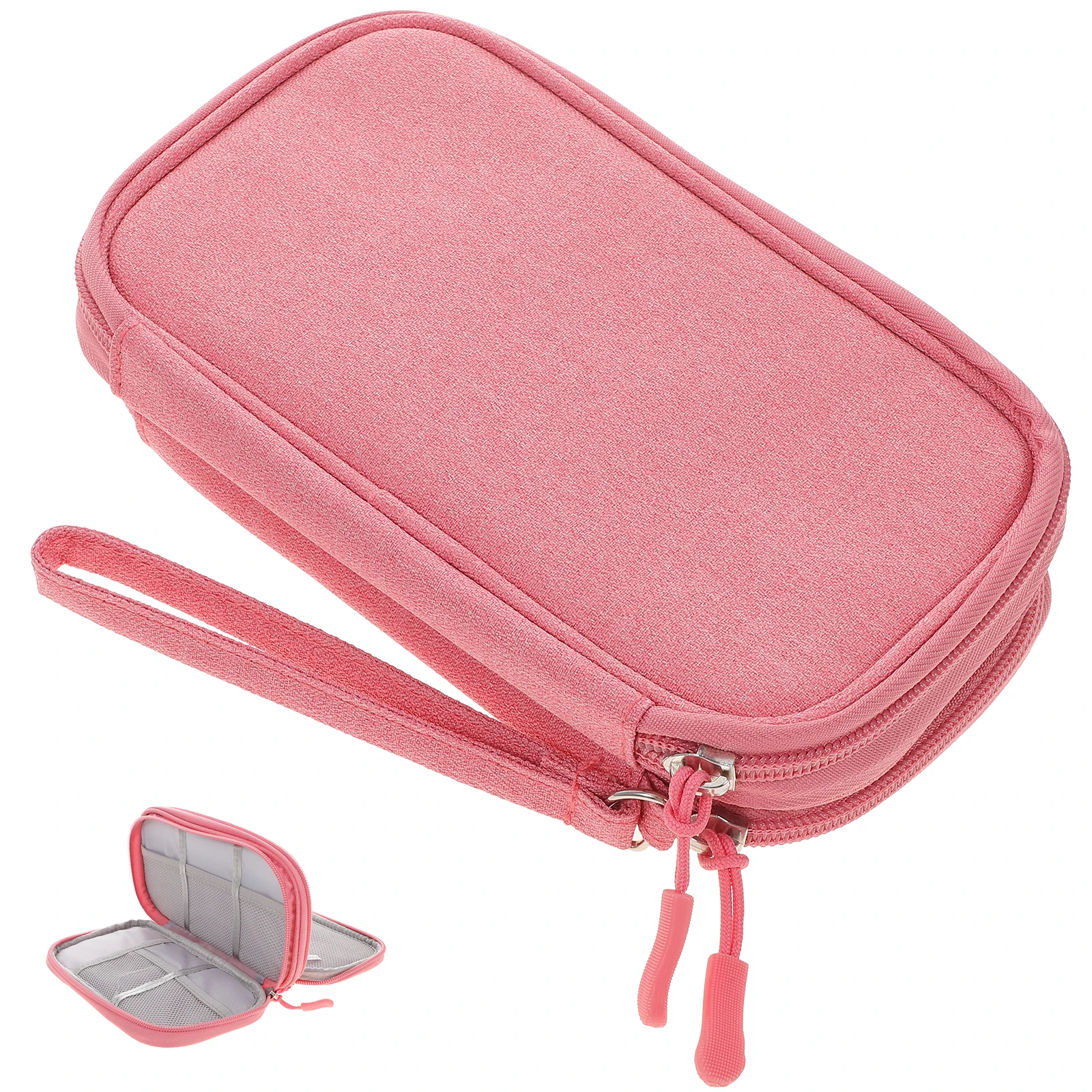 

Pink Portable Data Cable Storage Bag 2 Compartments Lightweight Durable Pouch For Accessories Electronic Organizer Travel