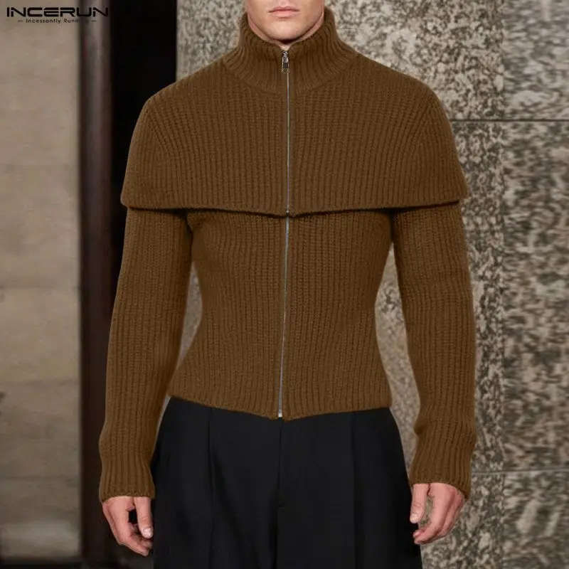 Incerun cardigan masculino sólido de malha gola alta manga longa camisola masculina streetwear zíper manto suéteres moda roupas masculinas 2025