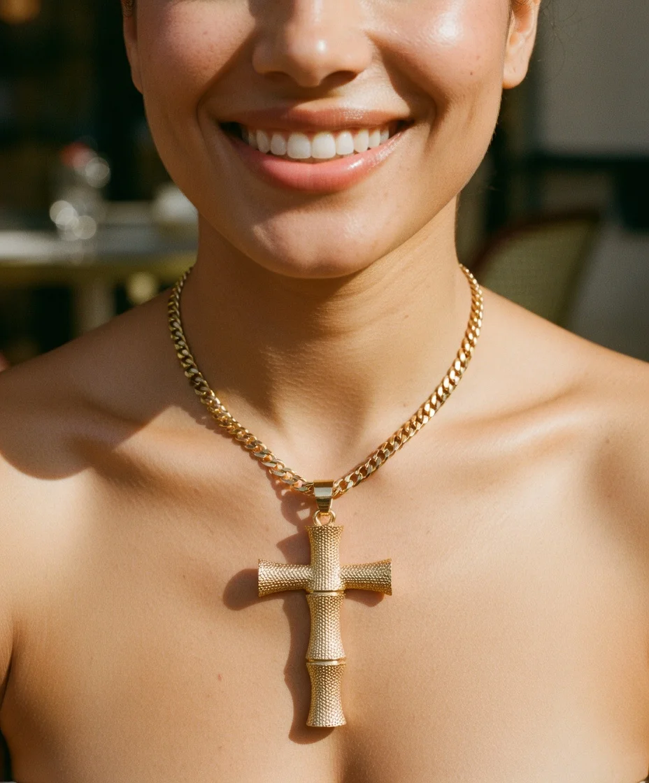 

Luxury 24K Real Gold 9999 Bamboo Cross Pendant Necklace for Men Women Thick 3mm Curb Chain Boss Style Fine Jewelry Gift