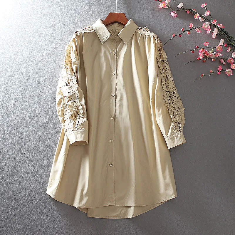 

Women's Spring Summer Hollow Out Long Cotton Shirt Female Loose Casual Plus Size Khaki Shirt Blouse TB801