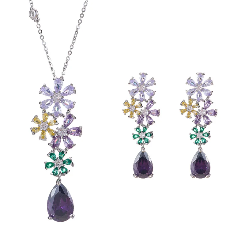 

Luxury Unique Colorful Zircon Flower Jewelry Set, Purple Diamond Water Drop Pendant Necklace Earrings, Fashion Exquisite Gift fo