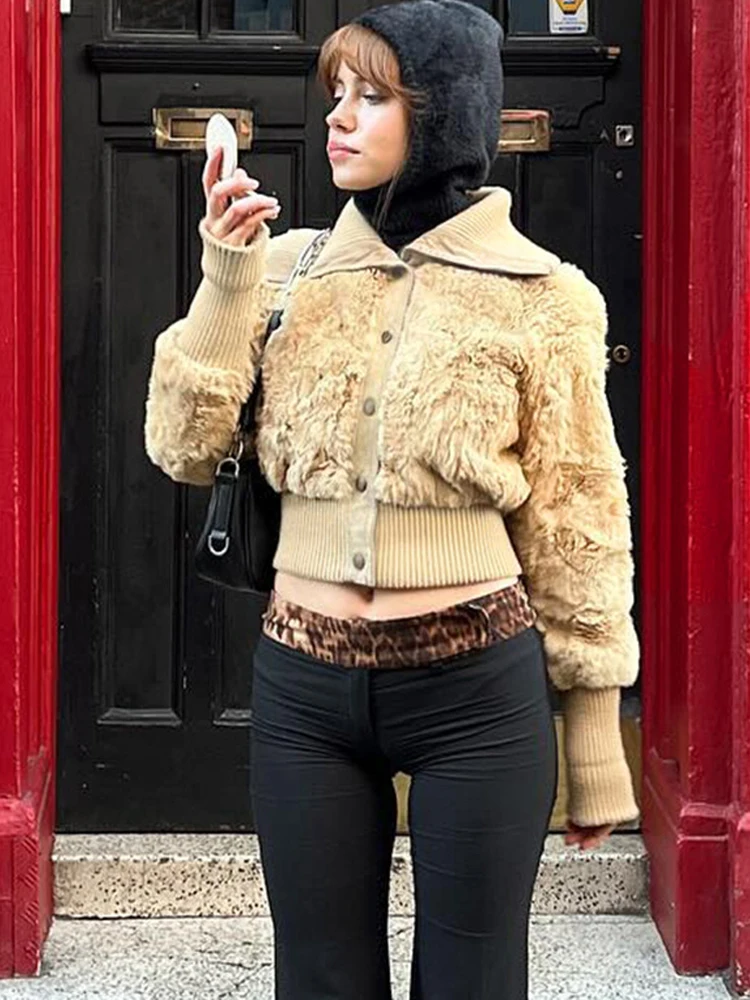 BKQU-Chaqueta cálida de piel sintética para mujer, abrigo corto ajustado a la moda con cuello vuelto y una hilera de botones, ropa de calle Y2K 2024