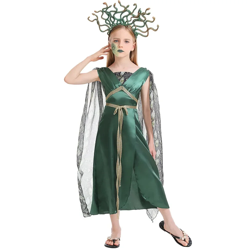 Gorgon Medusa Costume for Women Adult Greek Myth Snake Hydra Head Band Halloween Green Long Dress Kids