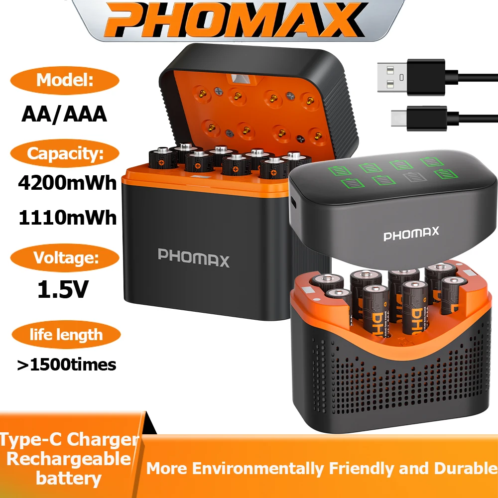 PHOMAX Rechargeable Battery & New Fast Charger Box Long-Lasting 1.5V AA 4200mWh/AAA1110mWh Lithium Bateries For Toy Daily Use